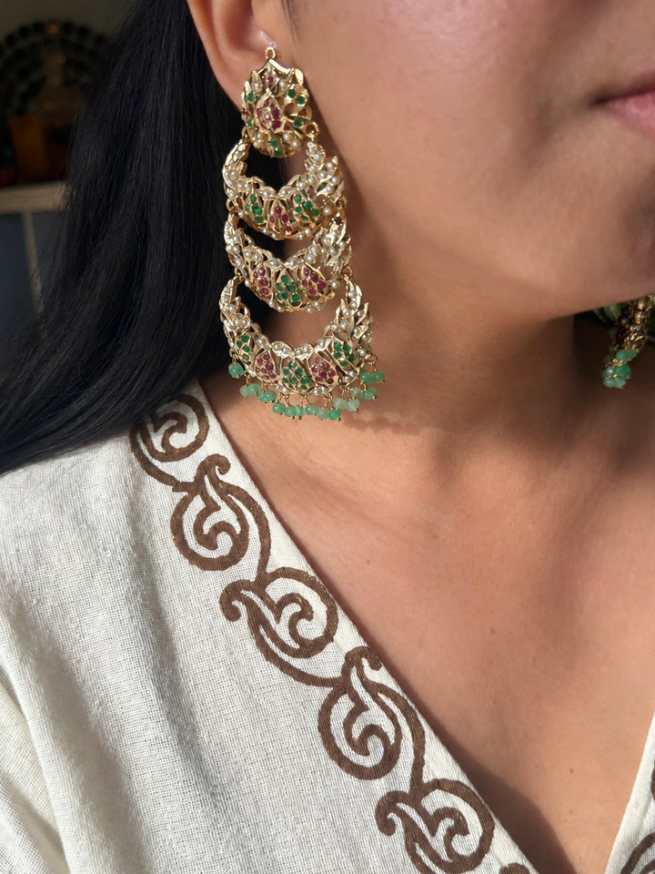 Statement Jadau Chandbaalis | 18k Gold Plated | Copper & Semi-Precious Stones