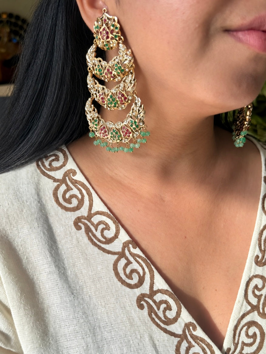 Statement Jadau Chandbaalis | 18k Gold Plated | Copper & Semi-Precious Stones