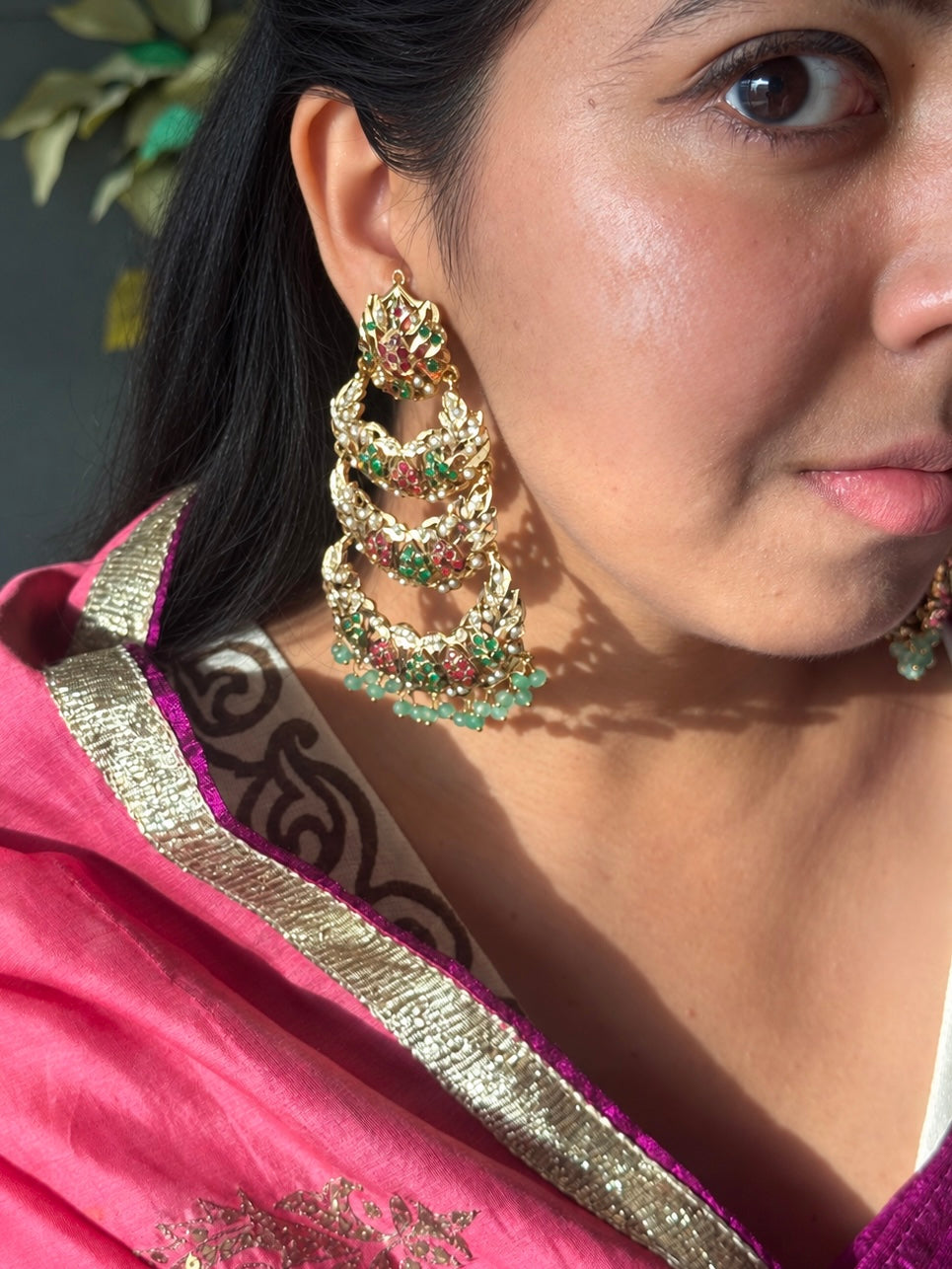Statement Jadau Chandbaalis | 18k Gold Plated | Copper & Semi-Precious Stones