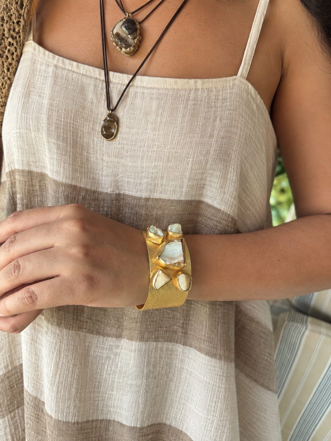 Exquisite White Raw Opal Stone Studded Brass Open Cuff - Unparalleled Quality and Style