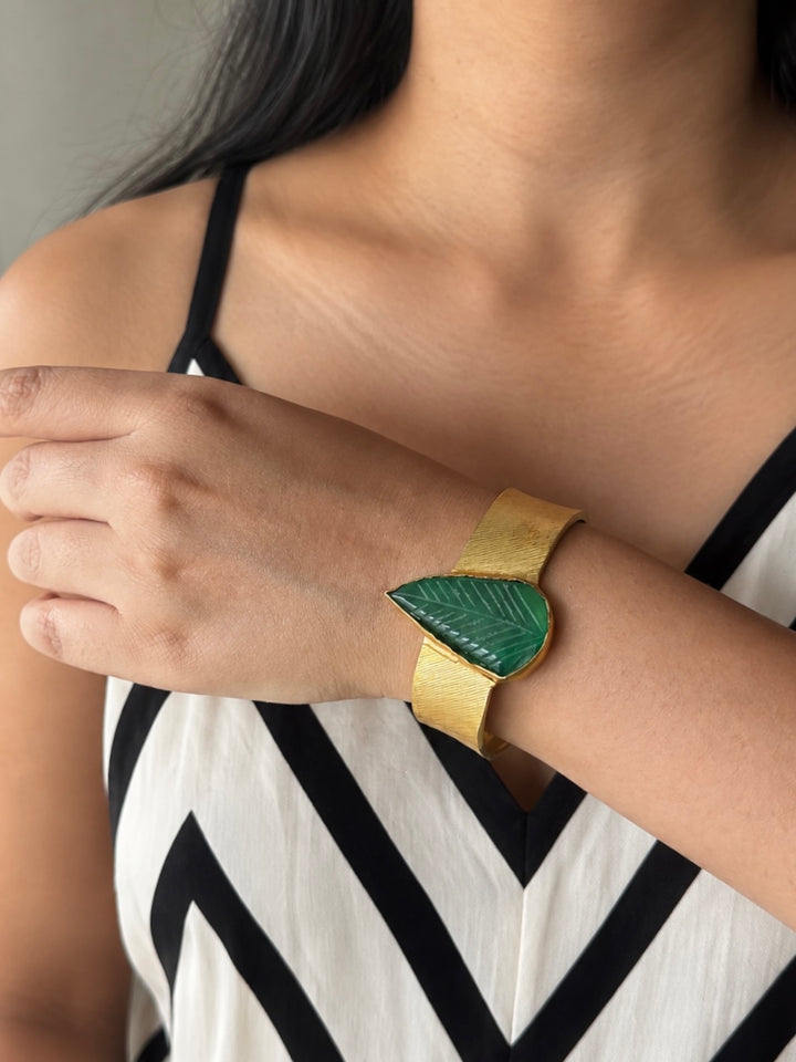 Exquisite Carved Green Onyx Stone Studded Brass Open Cuff - Unparalleled Quality and Style