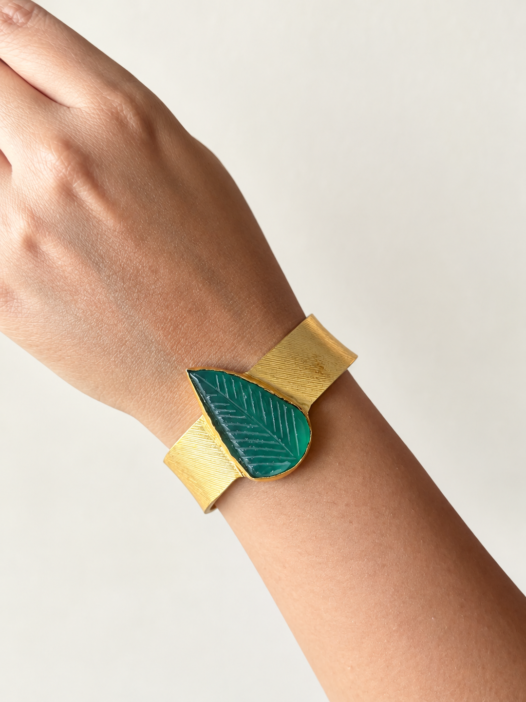 Exquisite Carved Green Onyx Stone Studded Brass Open Cuff - Unparalleled Quality and Style