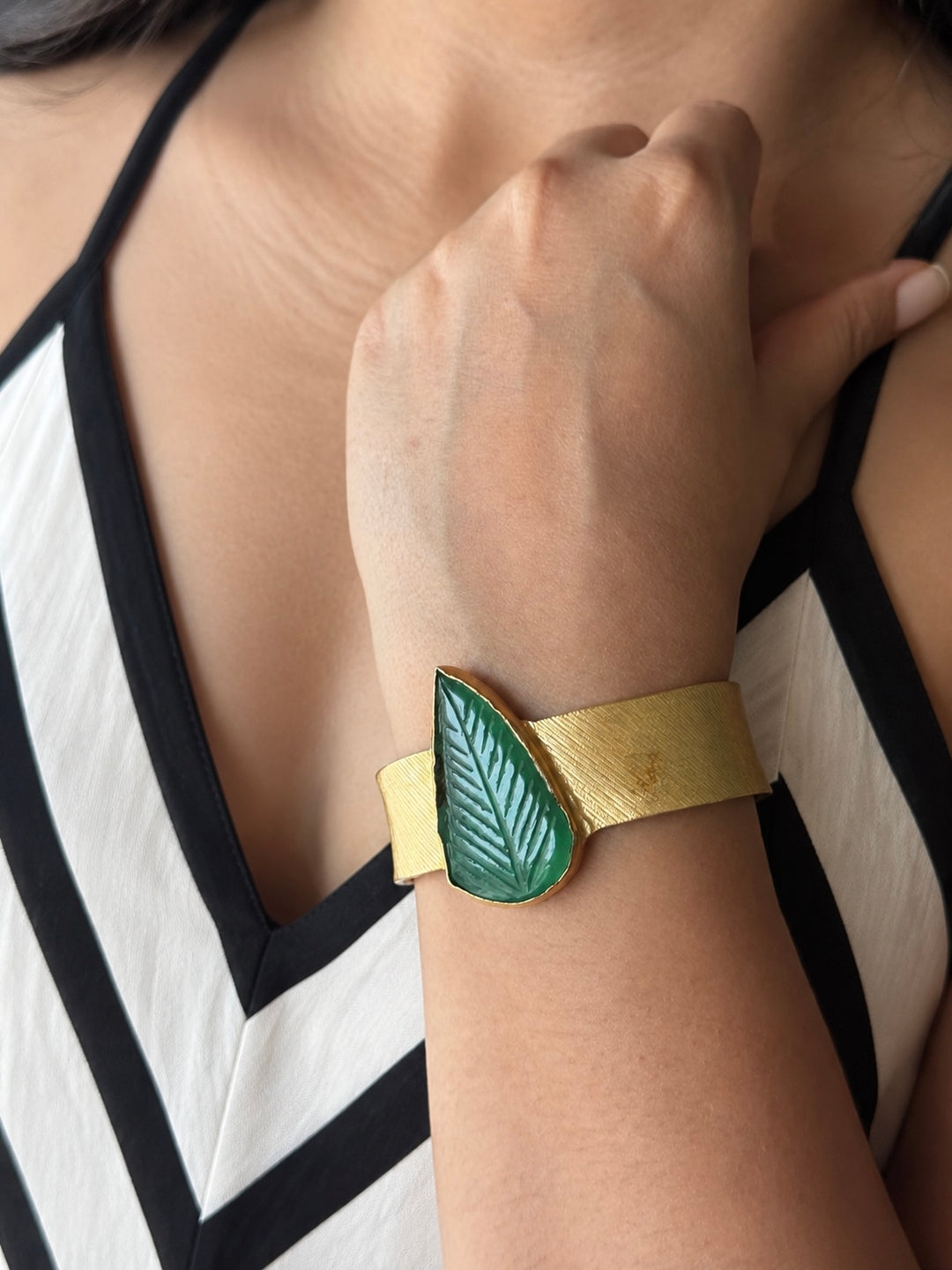 Exquisite Carved Green Onyx Stone Studded Brass Open Cuff - Unparalleled Quality and Style