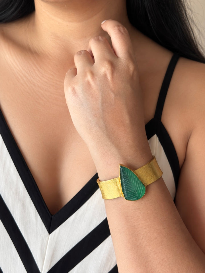 Exquisite Carved Green Onyx Stone Studded Brass Open Cuff - Unparalleled Quality and Style