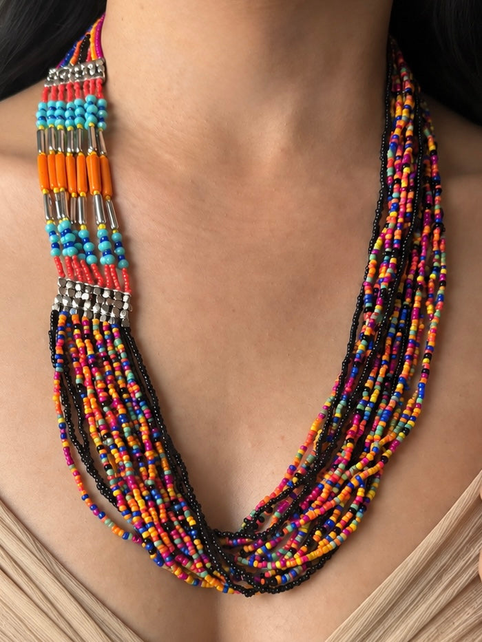 The Fiesta Cascade, Handmade Multicolored Seed Bead Layered Statement Necklace