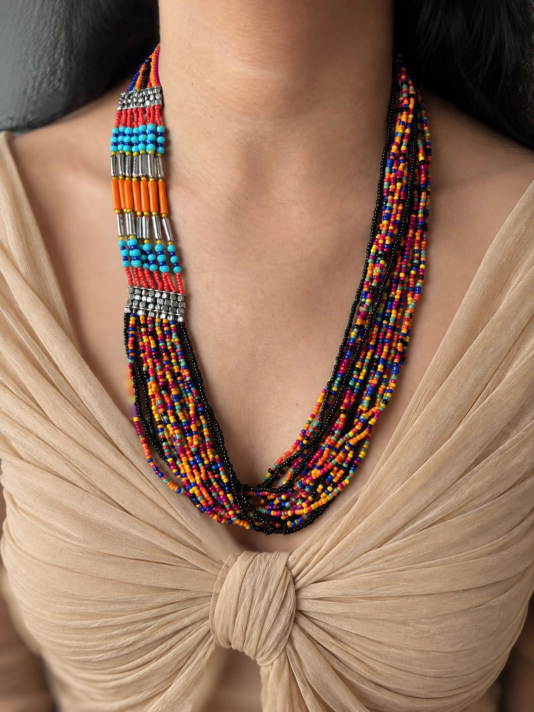 The Fiesta Cascade, Handmade Multicolored Seed Bead Layered Statement Necklace