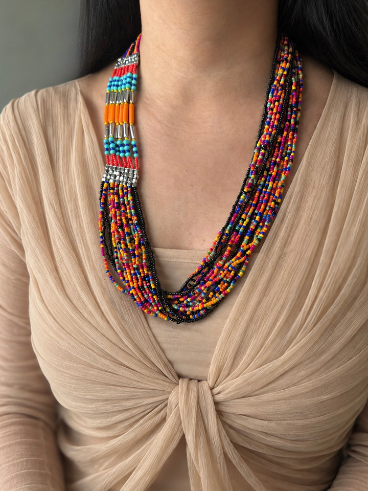 The Fiesta Cascade, Handmade Multicolored Seed Bead Layered Statement Necklace
