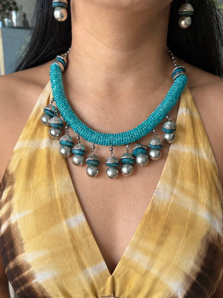 Handmade Blue Beaded Tasseled Hasli Necklace Set