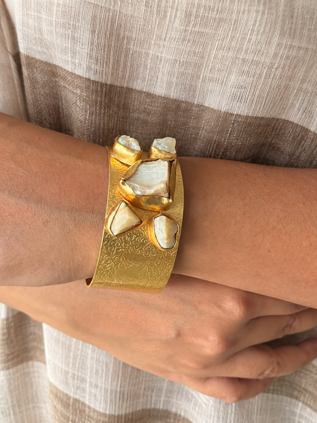 Exquisite White Raw Opal Stone Studded Brass Open Cuff - Unparalleled Quality and Style