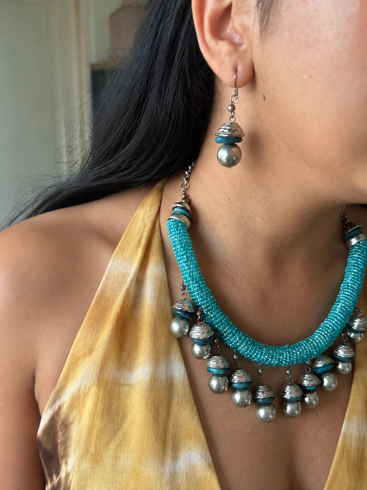 Handmade Blue Beaded Tasseled Hasli Necklace Set