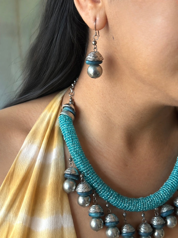 Handmade Blue Beaded Tasseled Hasli Necklace Set