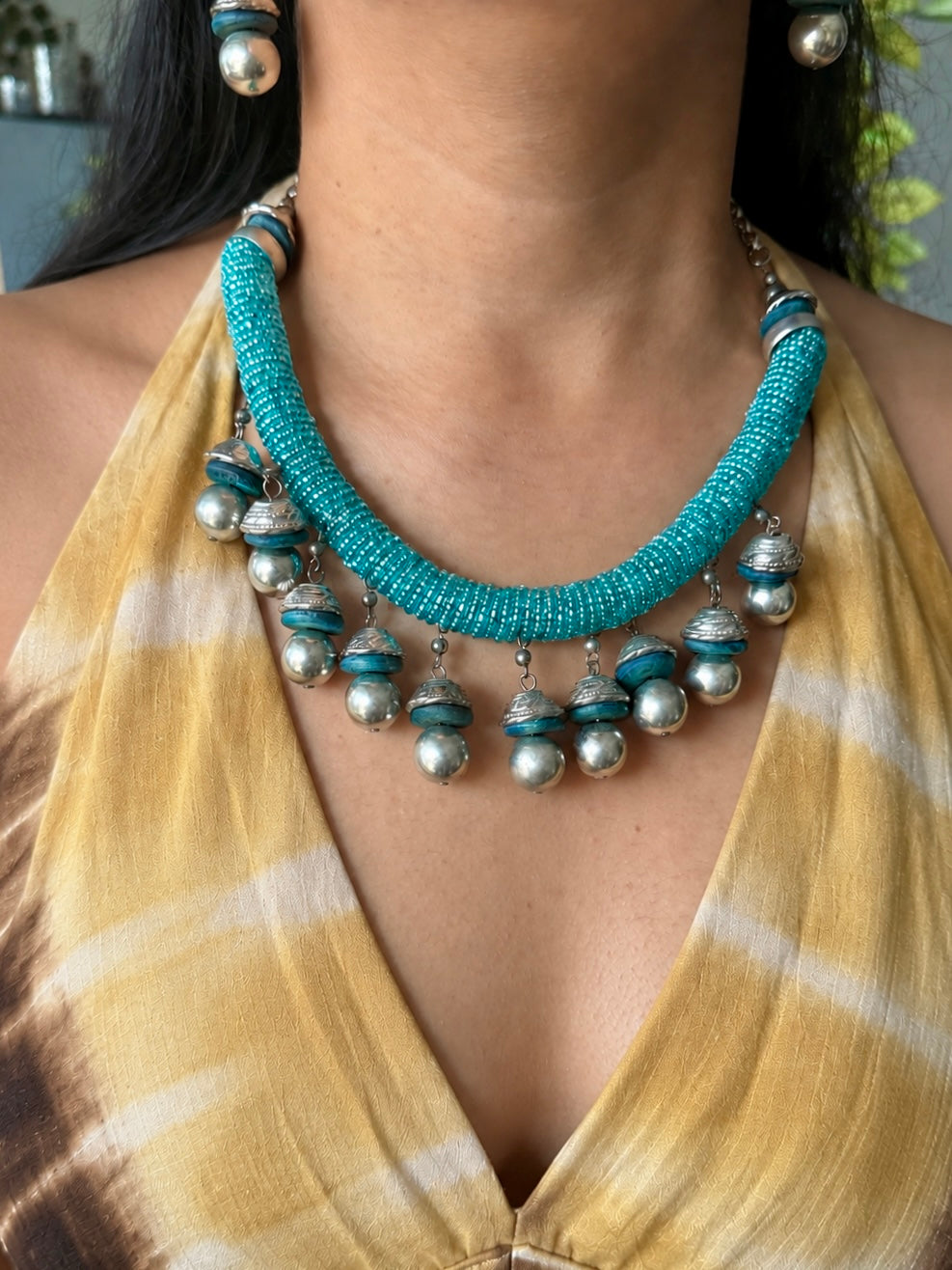 Handmade Blue Beaded Tasseled Hasli Necklace Set
