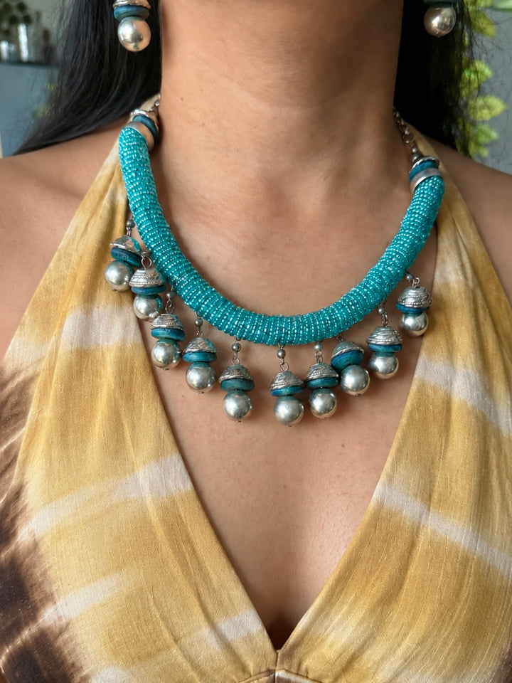 Handmade Blue Beaded Tasseled Hasli Necklace Set