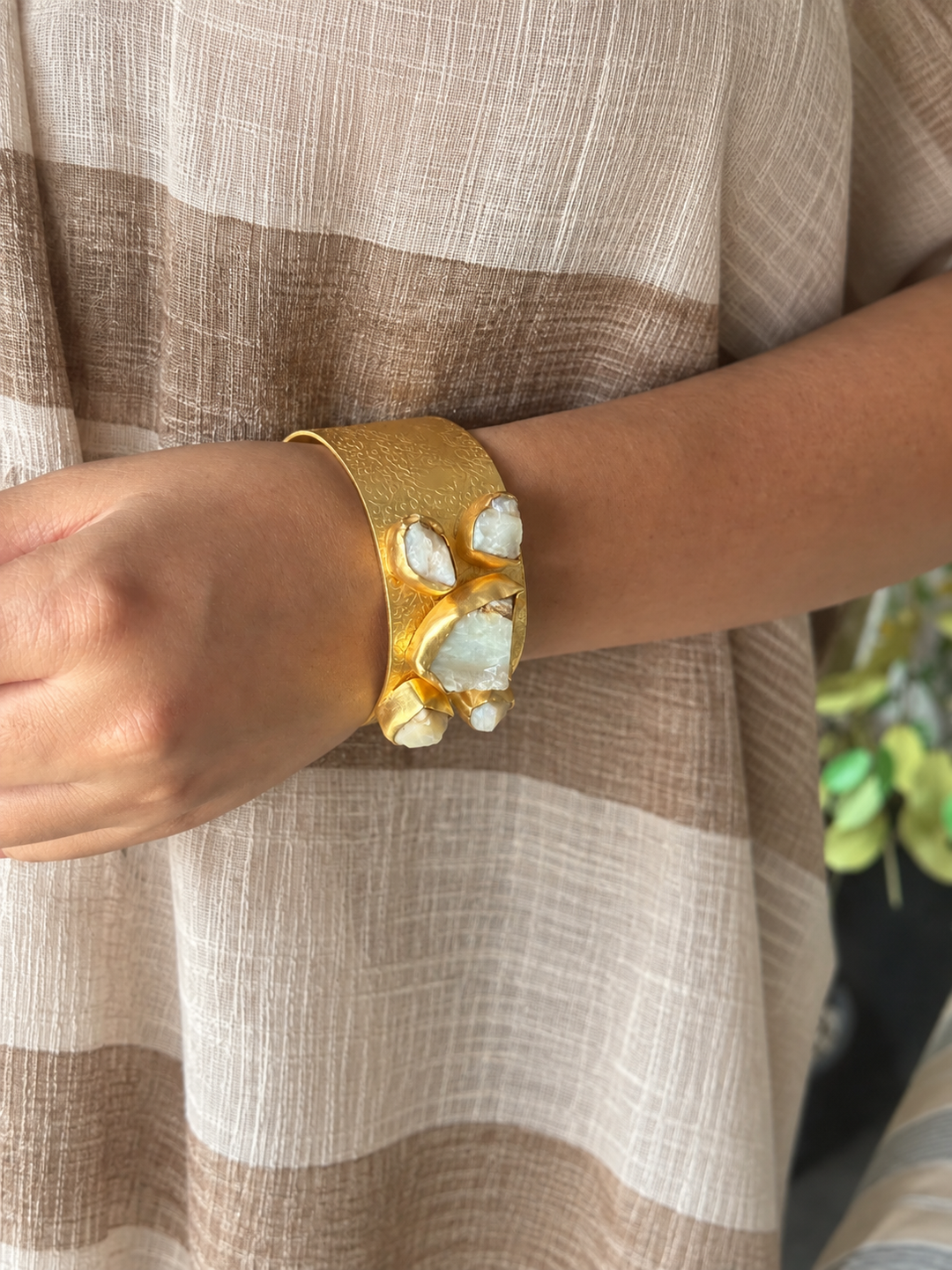 Exquisite White Raw Opal Stone Studded Brass Open Cuff - Unparalleled Quality and Style