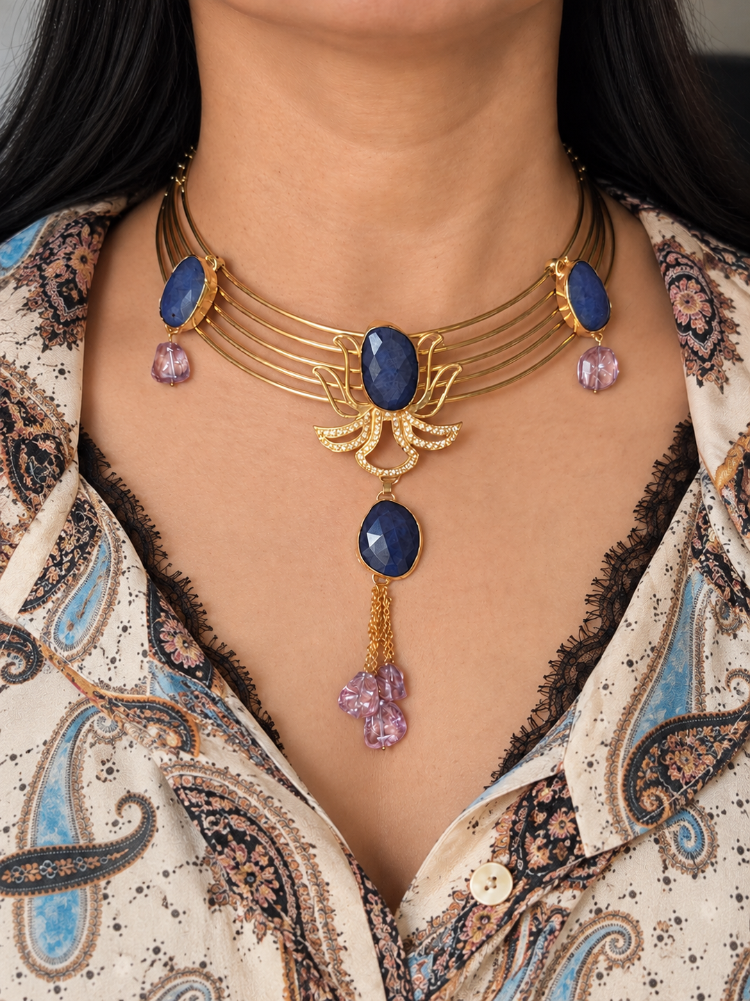 Gold Brass Lotus Hasli Necklace with Lapis Lazuli & Amethyst Gemstones