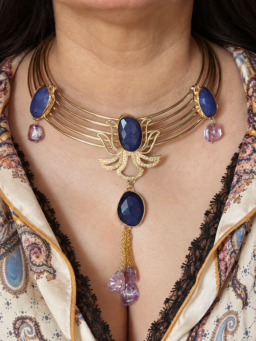 Gold Brass Lotus Hasli Necklace with Lapis Lazuli & Amethyst Gemstones
