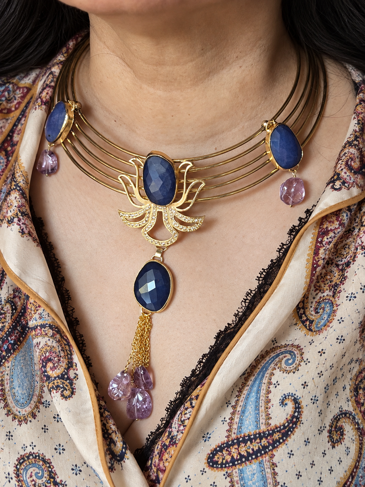 Gold Brass Lotus Hasli Necklace with Lapis Lazuli & Amethyst Gemstones