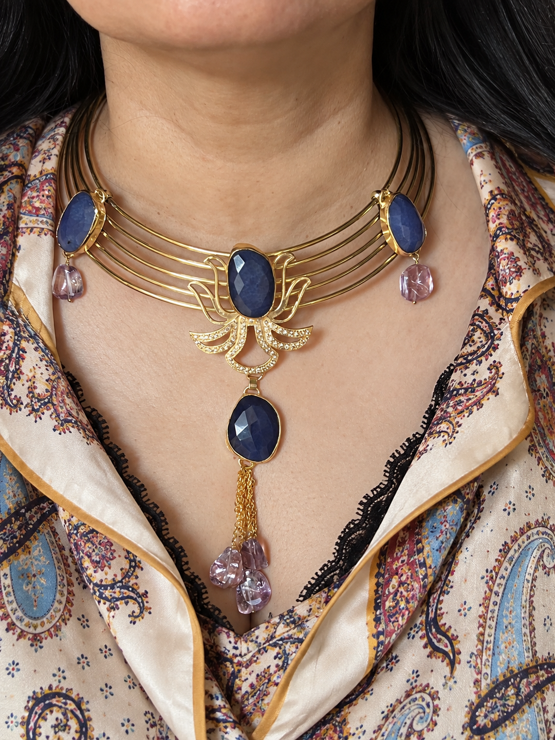 Gold Brass Lotus Hasli Necklace with Lapis Lazuli & Amethyst Gemstones