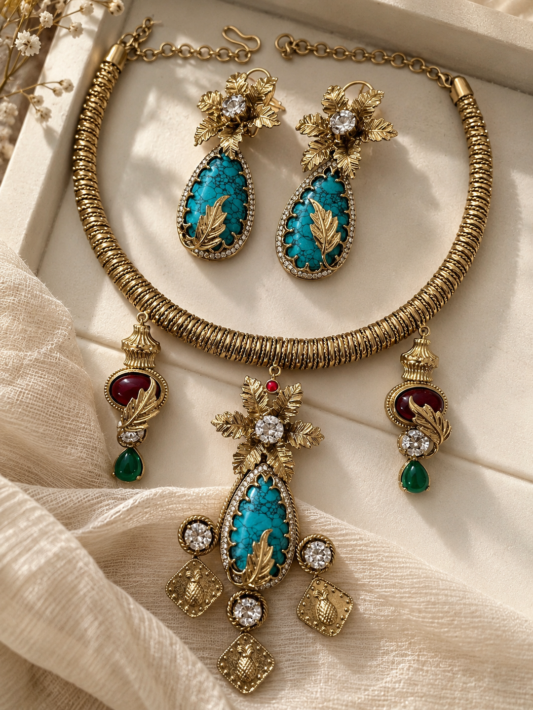 Antique Gold Finished Turquoise Hasli Choker Set