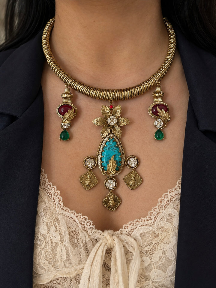 Antique Gold Finished Turquoise Hasli Choker Set