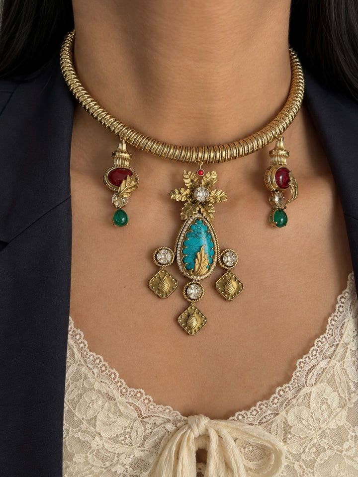 Antique Gold Finished Turquoise Hasli Choker Set