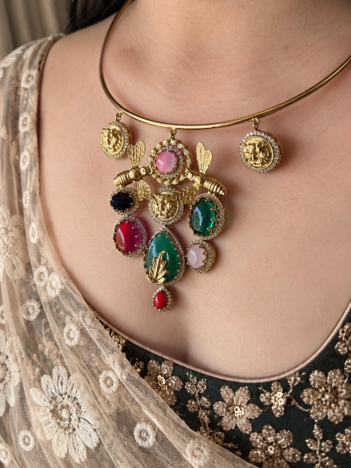 Honeybee & Lion Coin Pendant Necklace with Matching Statement Earrings