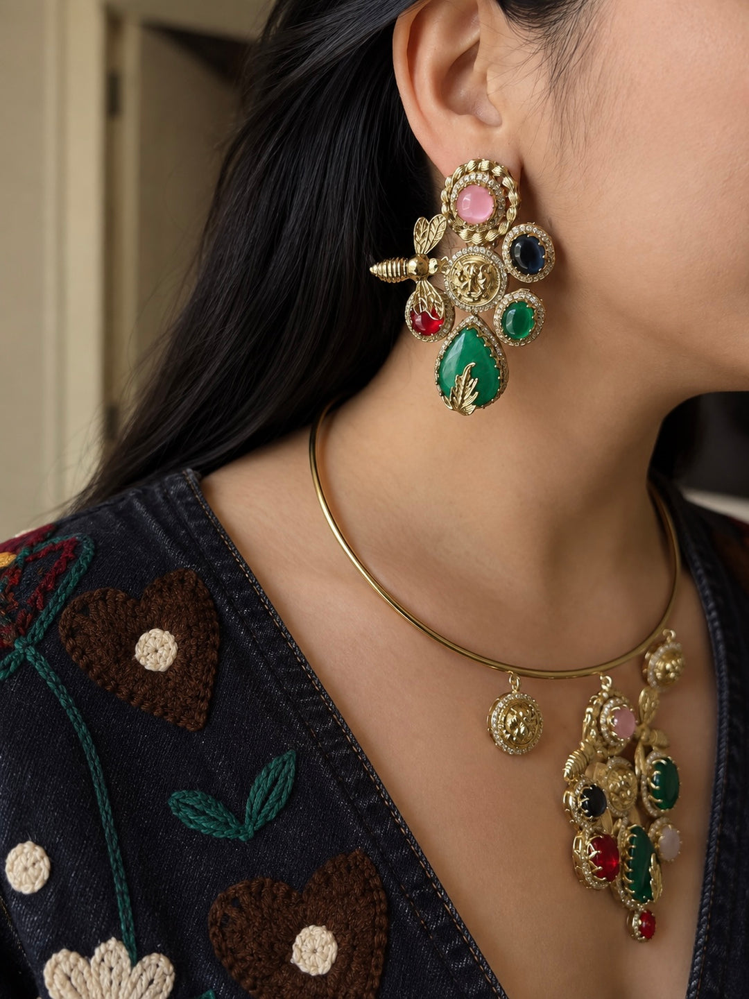Honeybee & Lion Coin Pendant Necklace with Matching Statement Earrings