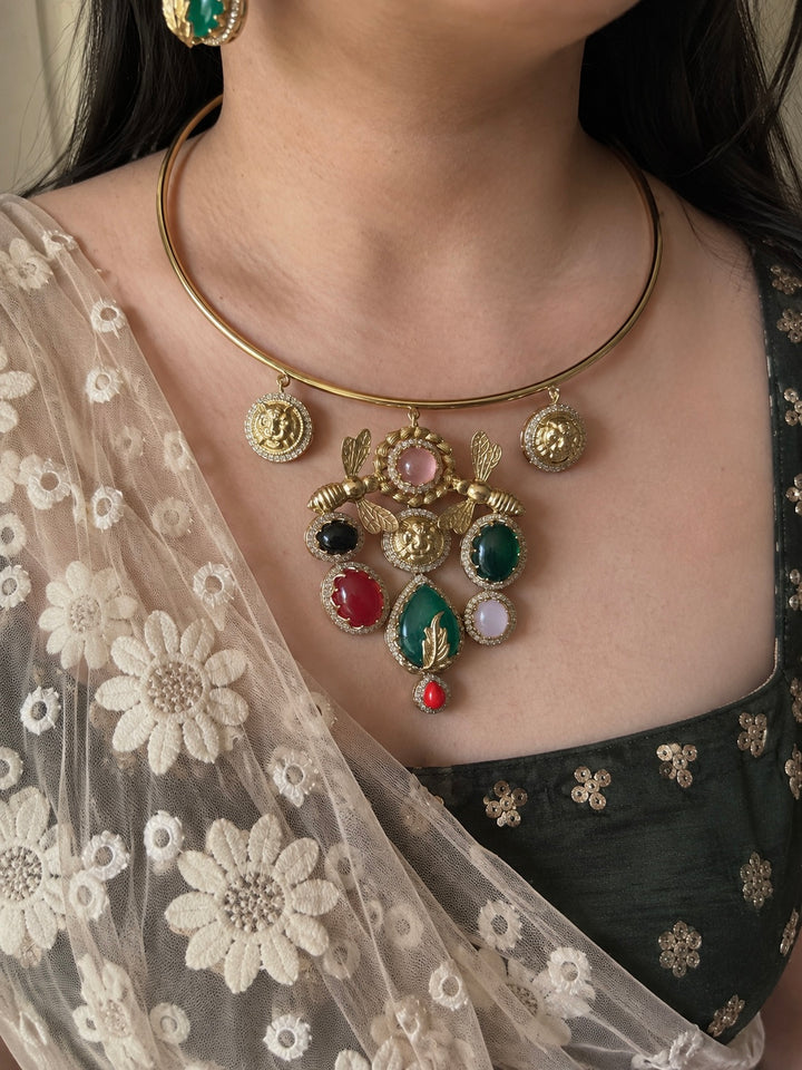 Honeybee & Lion Coin Pendant Necklace with Matching Statement Earrings