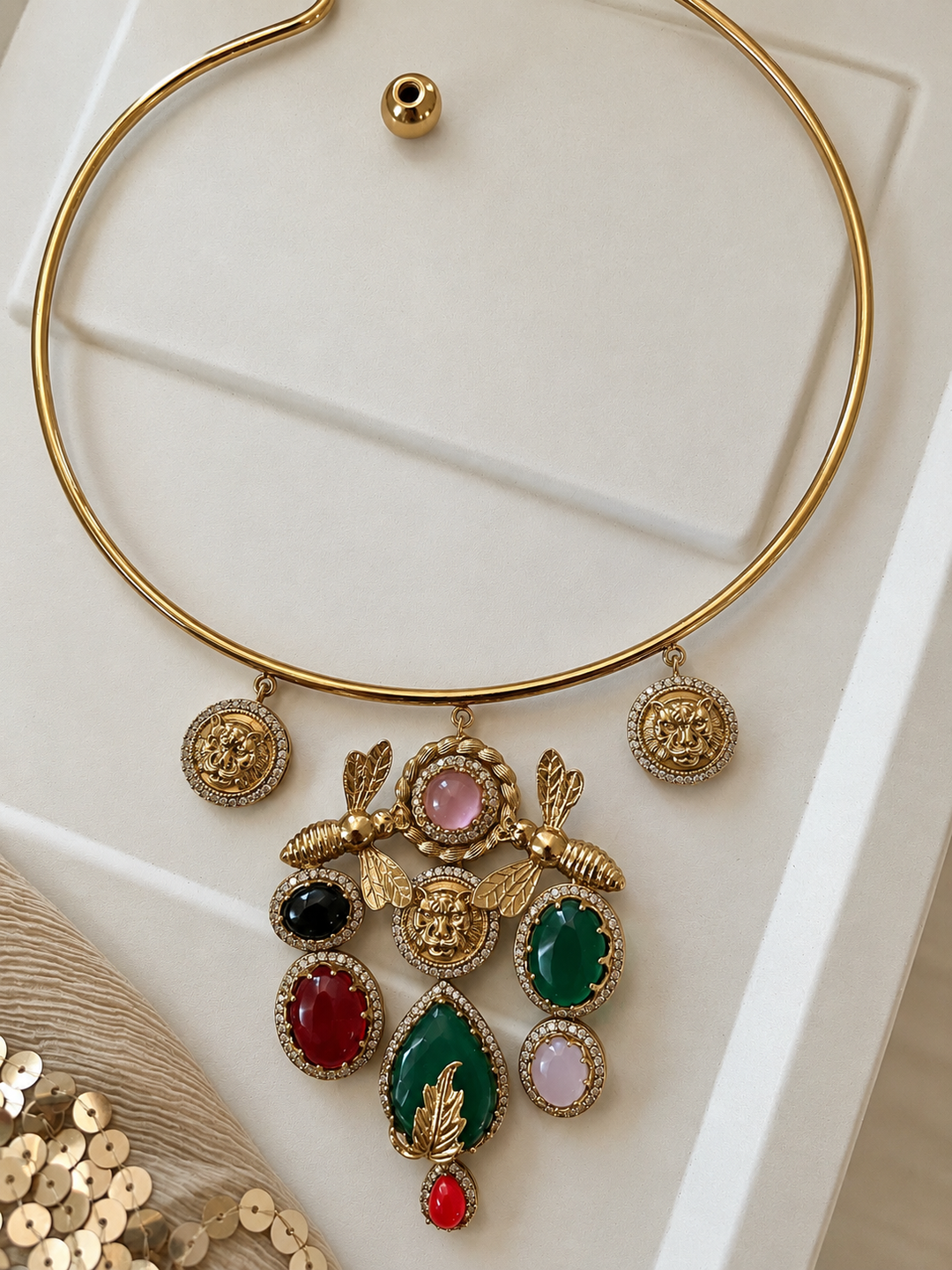 Honeybee & Lion Coin Pendant Necklace with Matching Statement Earrings