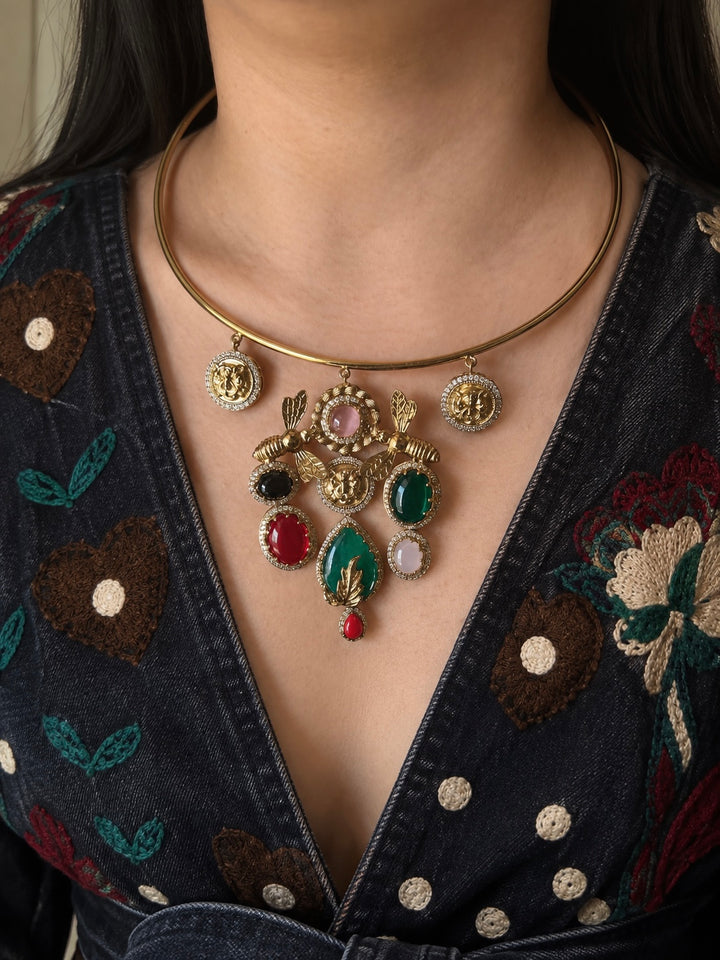 Honeybee & Lion Coin Pendant Necklace with Matching Statement Earrings
