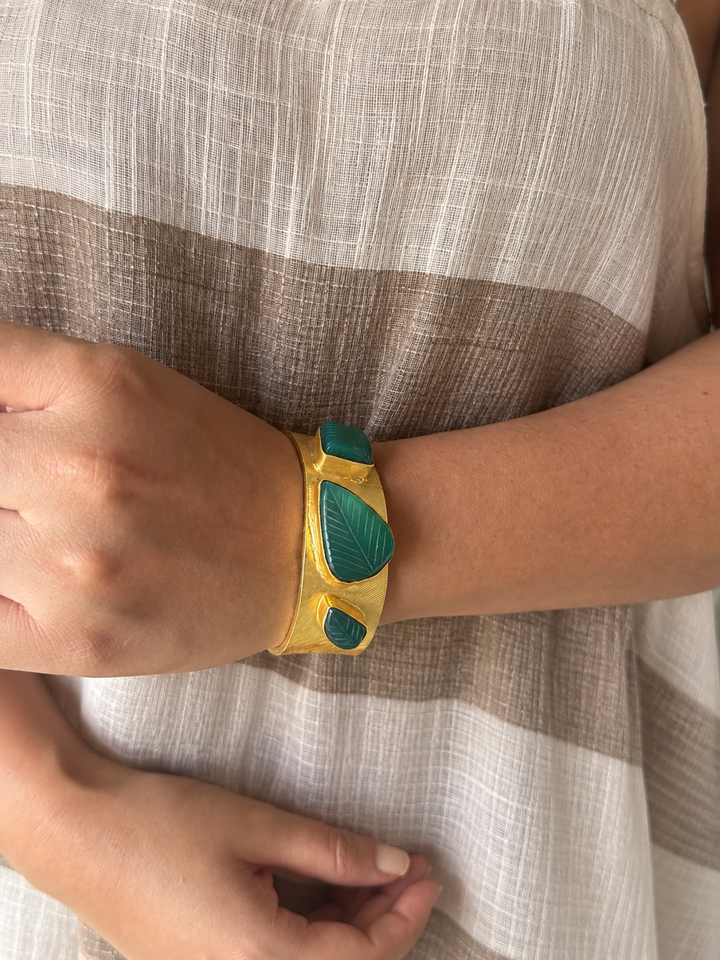 Exquisite Carved Green Onyx Stone Studded Brass Open Cuff - Unparalleled Quality and Style