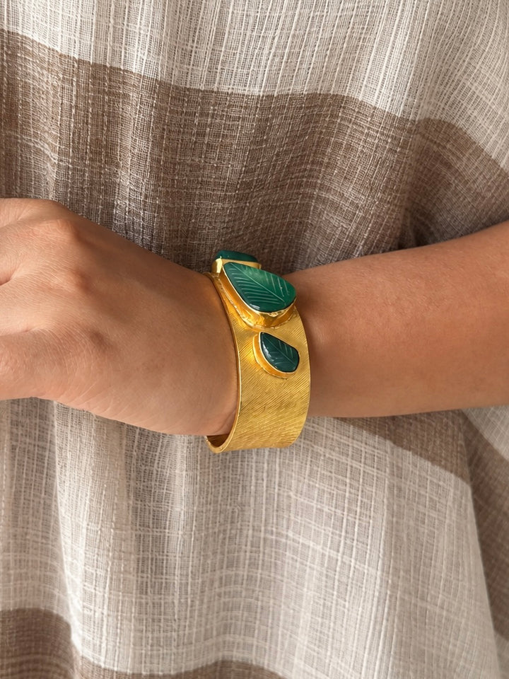 Exquisite Carved Green Onyx Stone Studded Brass Open Cuff - Unparalleled Quality and Style