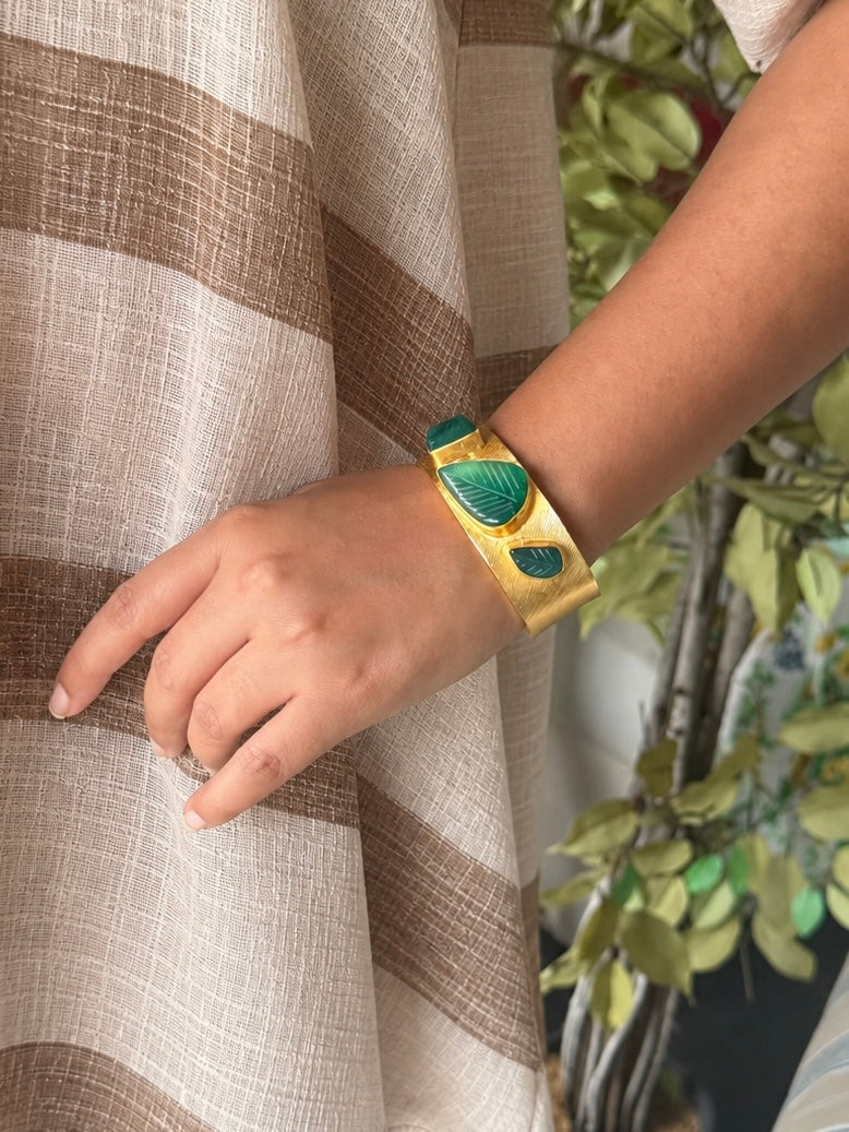 Exquisite Carved Green Onyx Stone Studded Brass Open Cuff - Unparalleled Quality and Style