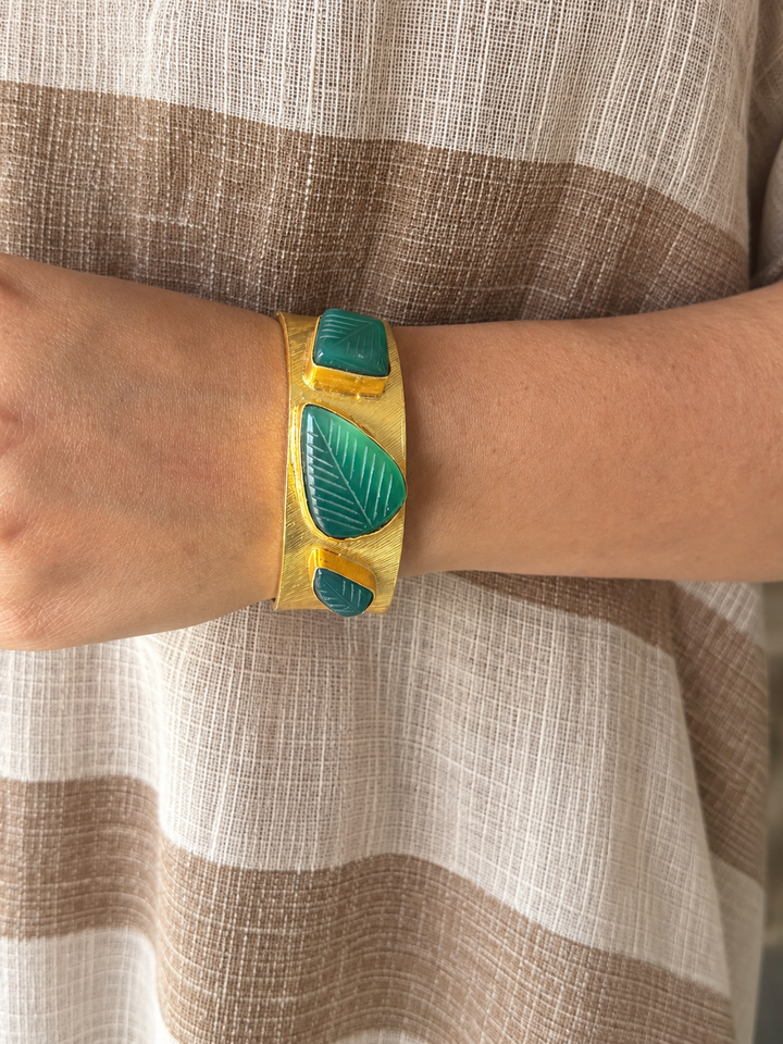 Exquisite Carved Green Onyx Stone Studded Brass Open Cuff - Unparalleled Quality and Style