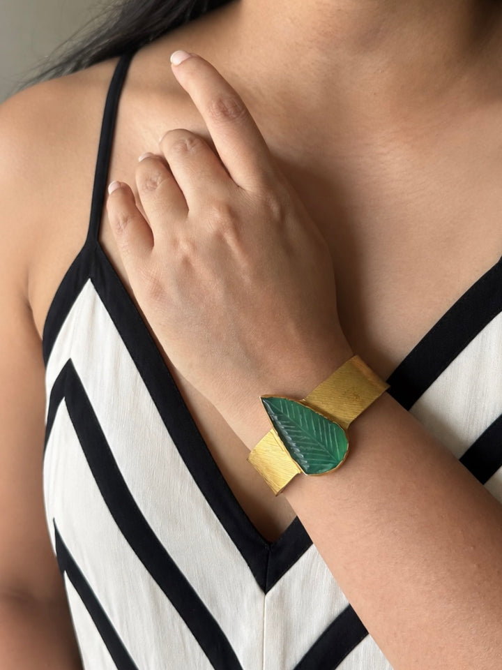 Exquisite Carved Green Onyx Stone Studded Brass Open Cuff - Unparalleled Quality and Style
