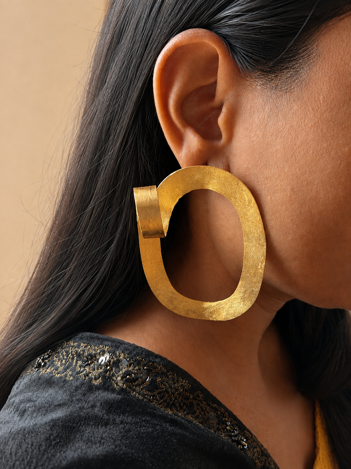 Asymmetrical Gold Tone Statement Earrings, Modern Brass Jewelry