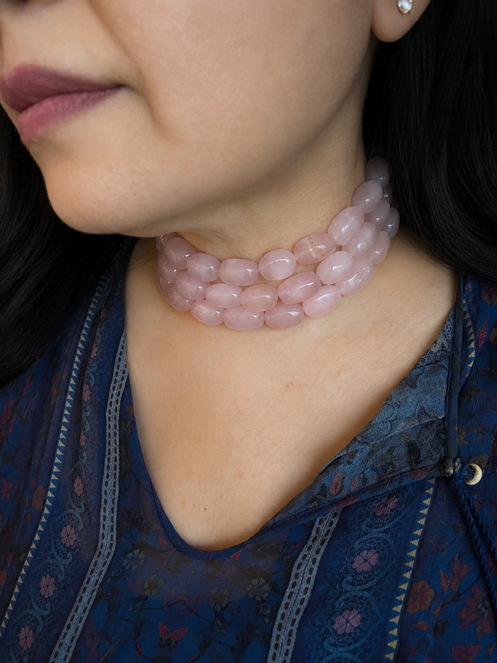 Rose Quartz Choker Necklace: Brass Clasp, Adjustable Fit