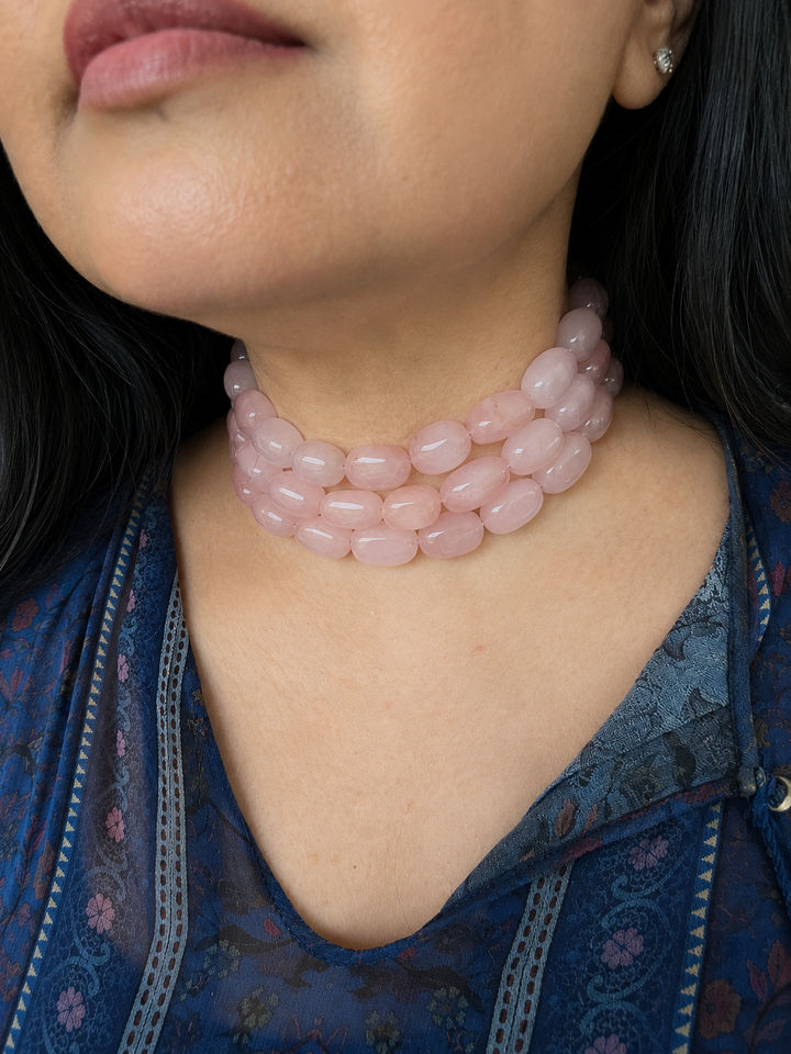 Rose Quartz Choker Necklace: Brass Clasp, Adjustable Fit