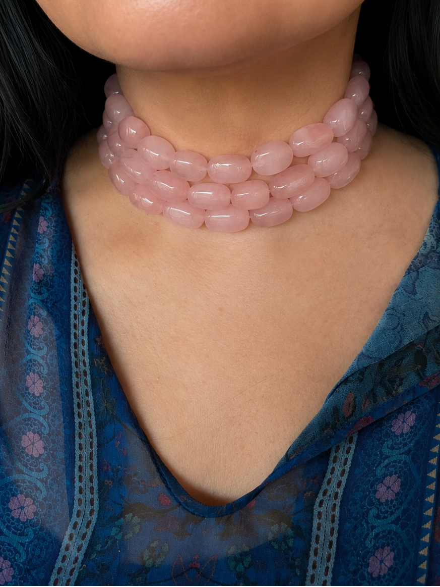 Rose Quartz Choker Necklace: Brass Clasp, Adjustable Fit