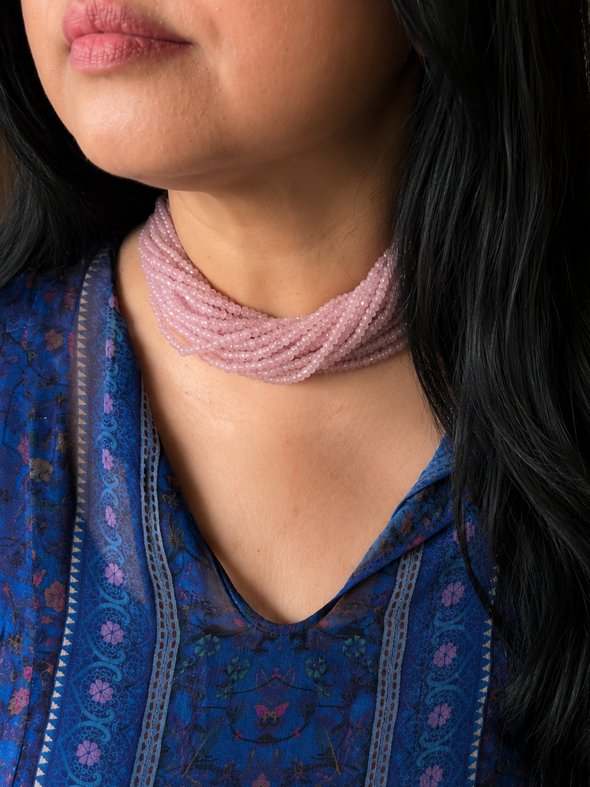 Rose Quartz Beads Choker Necklace: Brass Clasp, Adjustable