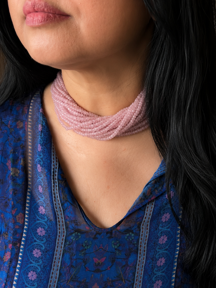 Rose Quartz Beads Choker Necklace: Brass Clasp, Adjustable