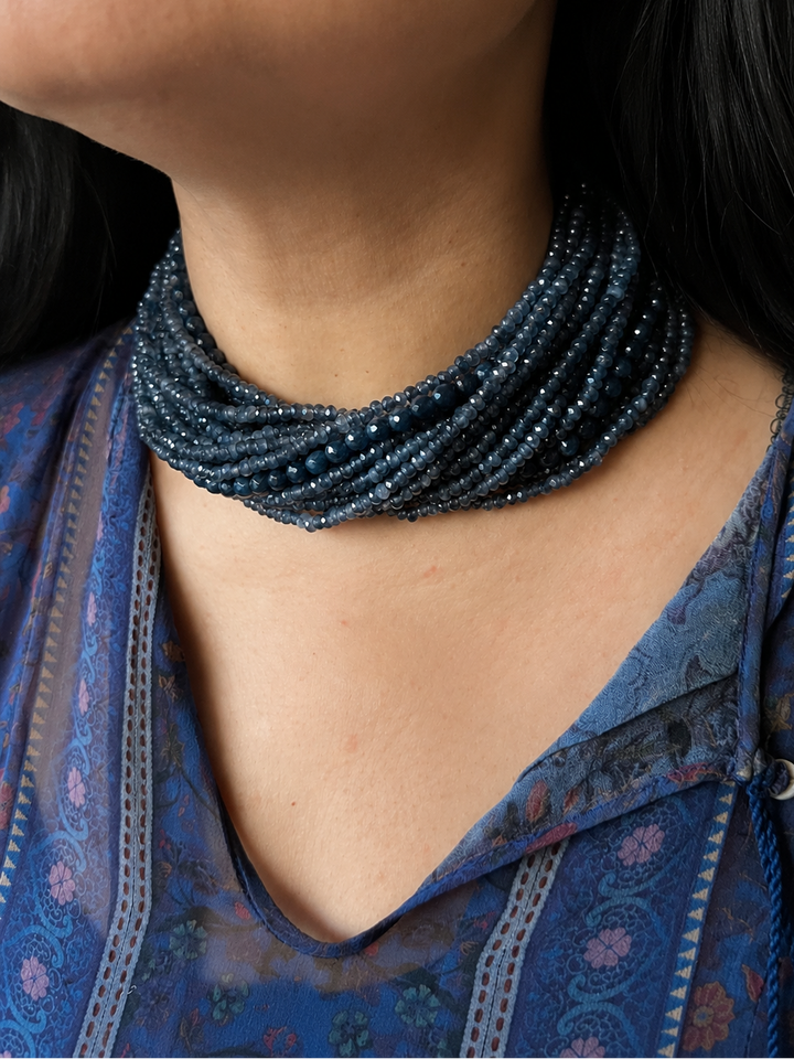 Blue Sapphire Multi Strand Choker, Micro Faceted Denim Blue Beaded Choker Necklace