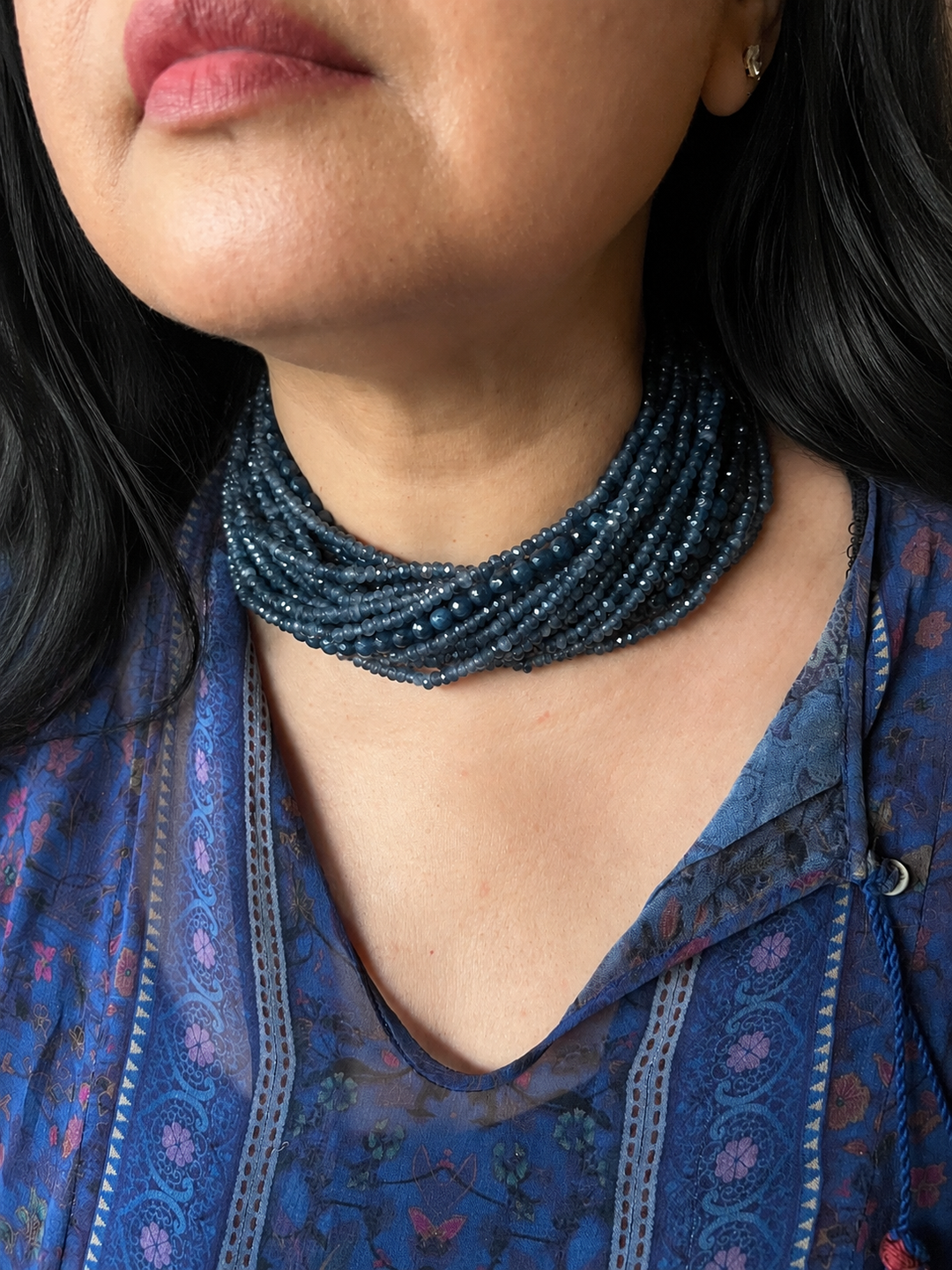 Blue Sapphire Multi Strand Choker, Micro Faceted Denim Blue Beaded Choker Necklace