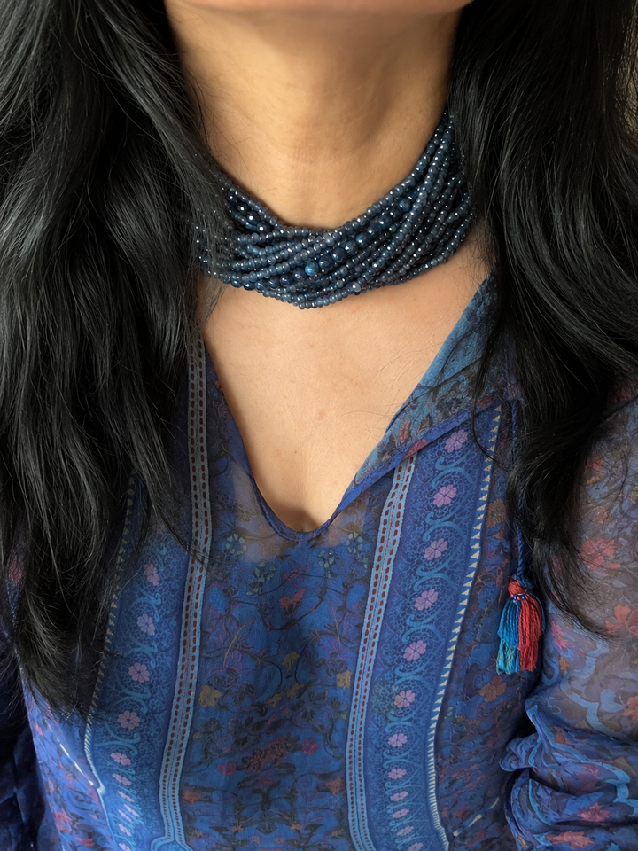 Blue Sapphire Multi Strand Choker, Micro Faceted Denim Blue Beaded Choker Necklace