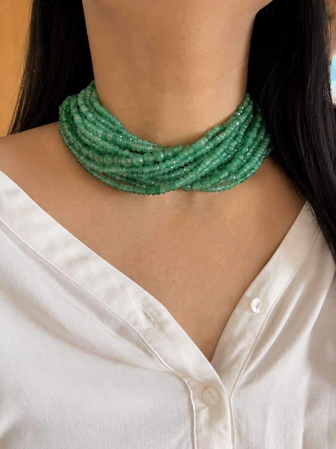 Multi-Strand Green Aventurine Bead Choker, Sage Green Gemstone Necklace