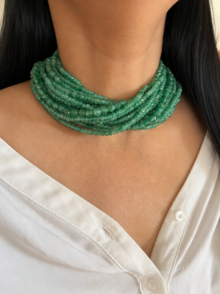Multi-Strand Green Aventurine Bead Choker, Sage Green Gemstone Necklace