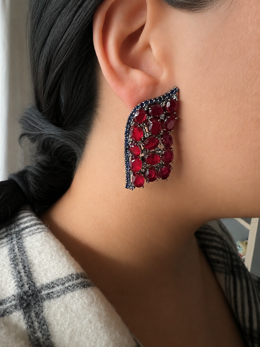 Ruby Red Doublet Stone Stud Earrings, Winged Statement Earrings