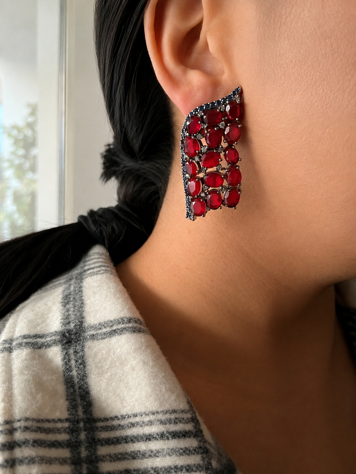 Ruby Red Doublet Stone Stud Earrings, Winged Statement Earrings