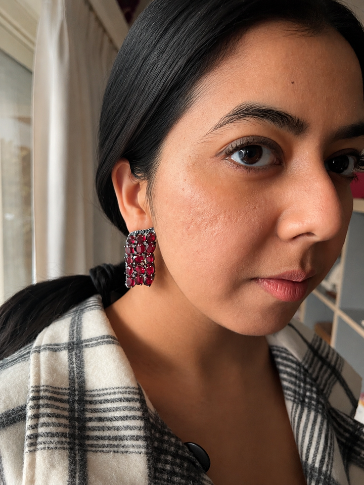 Ruby Red Doublet Stone Stud Earrings, Winged Statement Earrings