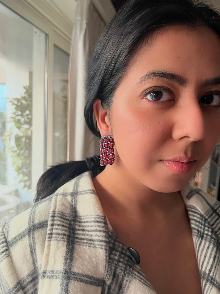 Ruby Red Doublet Stone Stud Earrings, Winged Statement Earrings